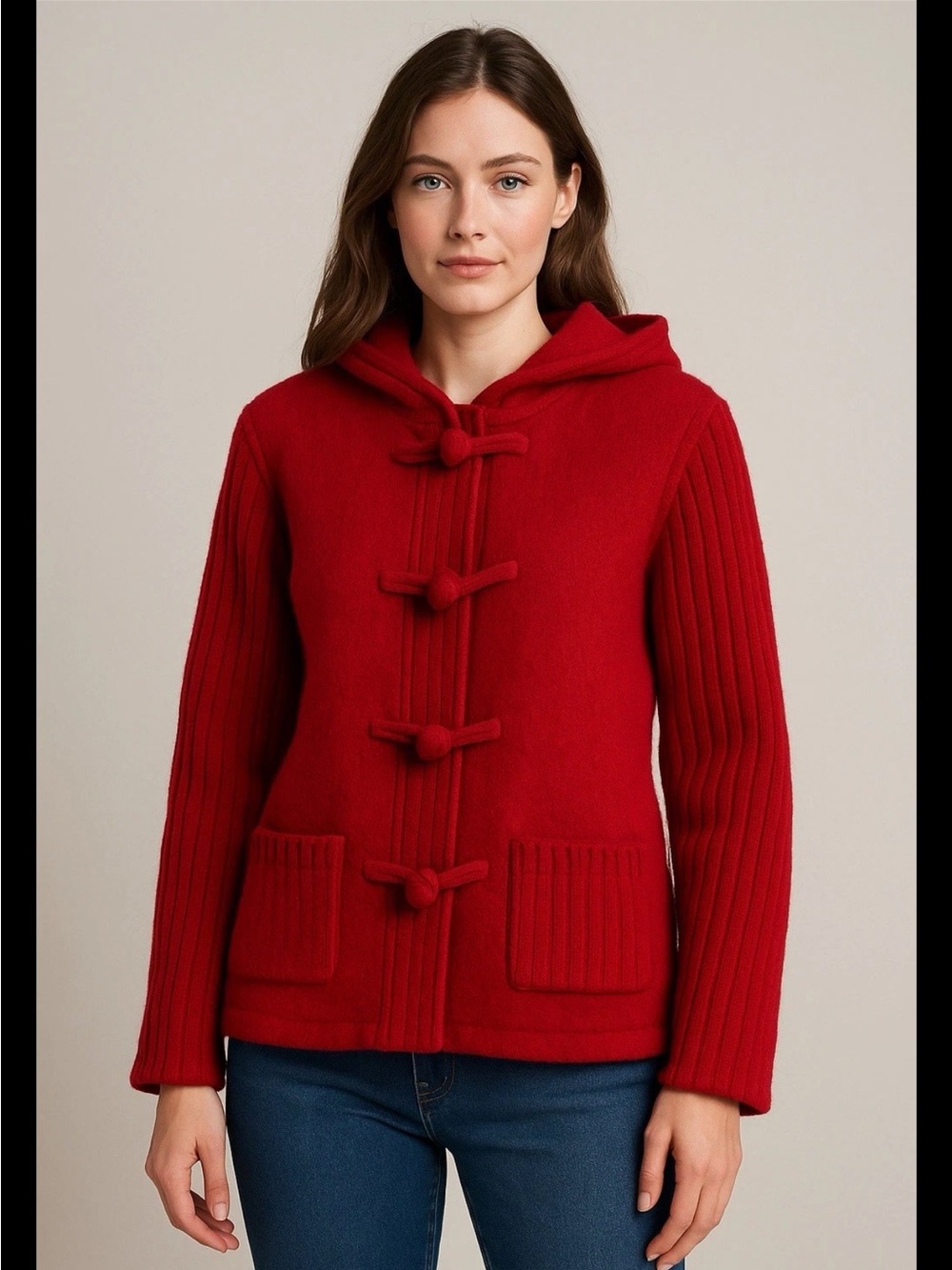 Coldwater Creek 100% Wool Red Zip Up Hooded Sweater SZ L Toggle Buttons Holiday